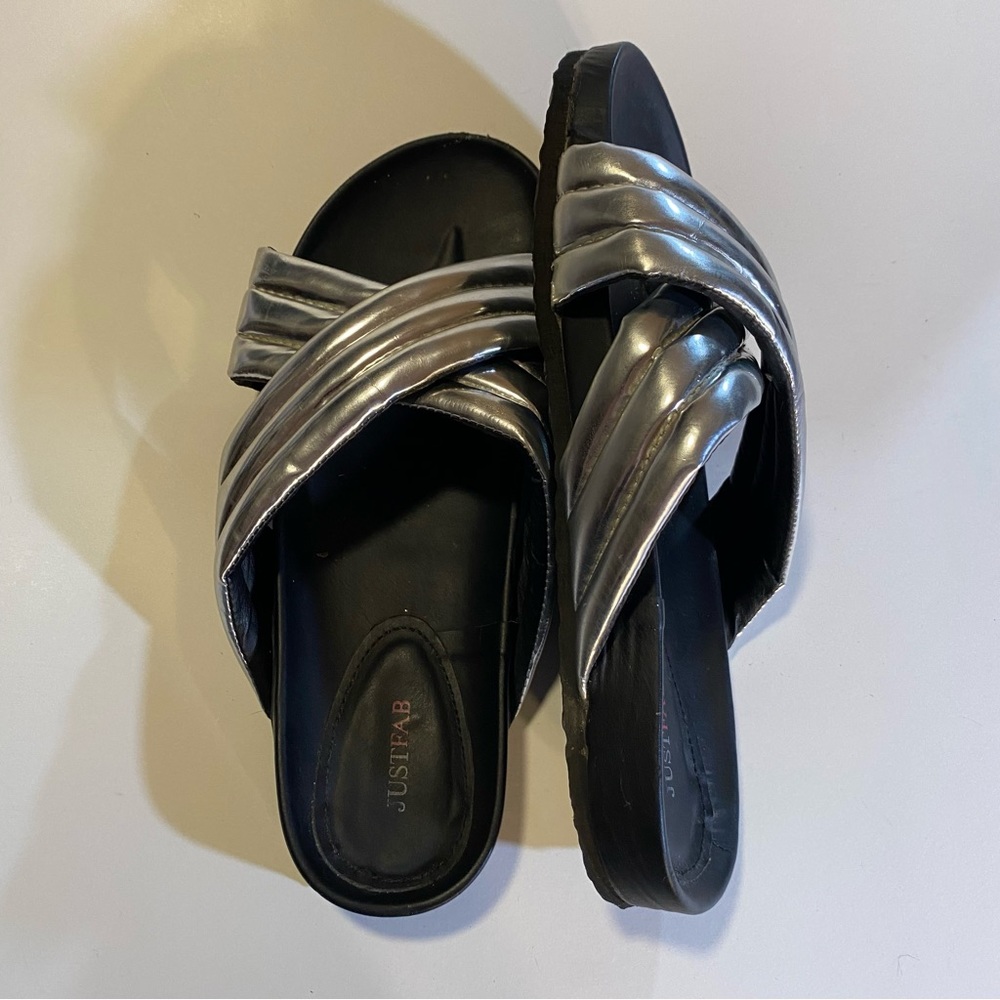 JustFab slides in 11, see pic for scuff on strap, light wear GUC fun puffy strap